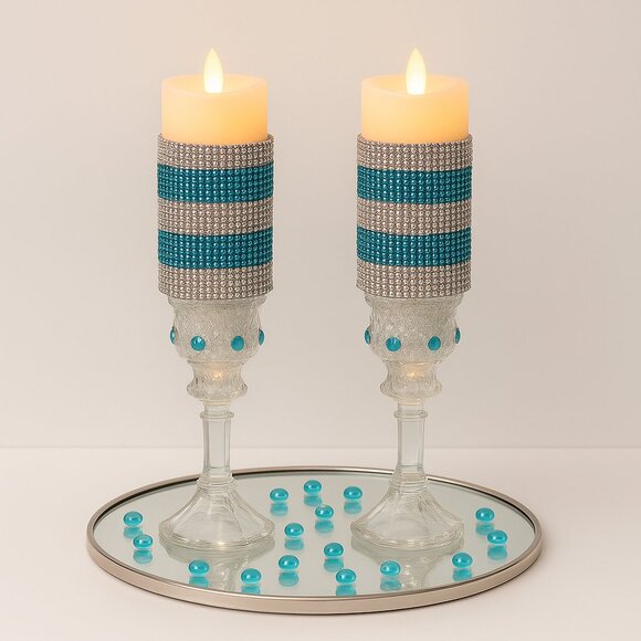 Handmade Glam Crystal Candle Holders – Silver & Teal Jeweled Design (Set of 2) - Picture 1 of 2